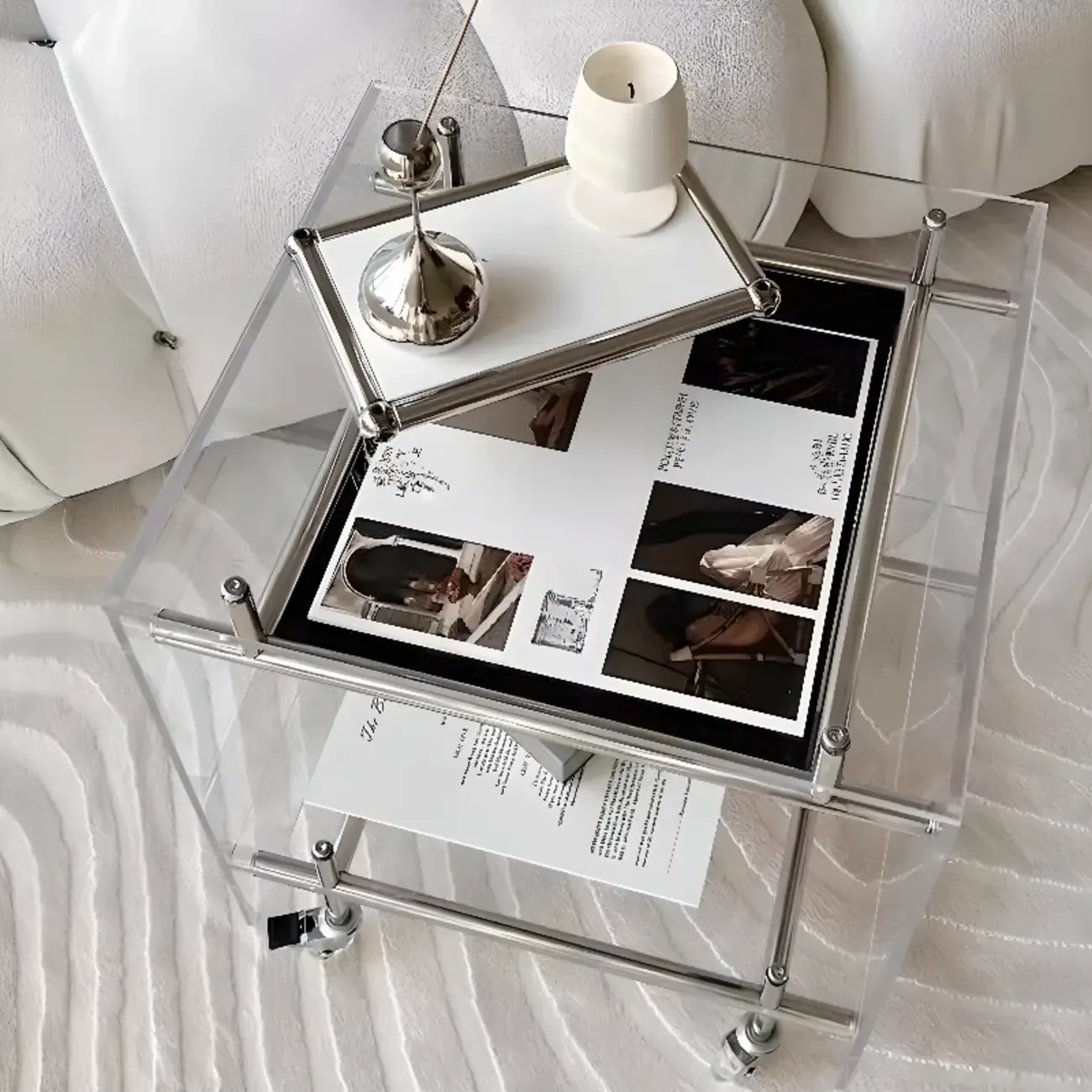Stylish Clear Acrylic 360° Rolling Cubic Side Table