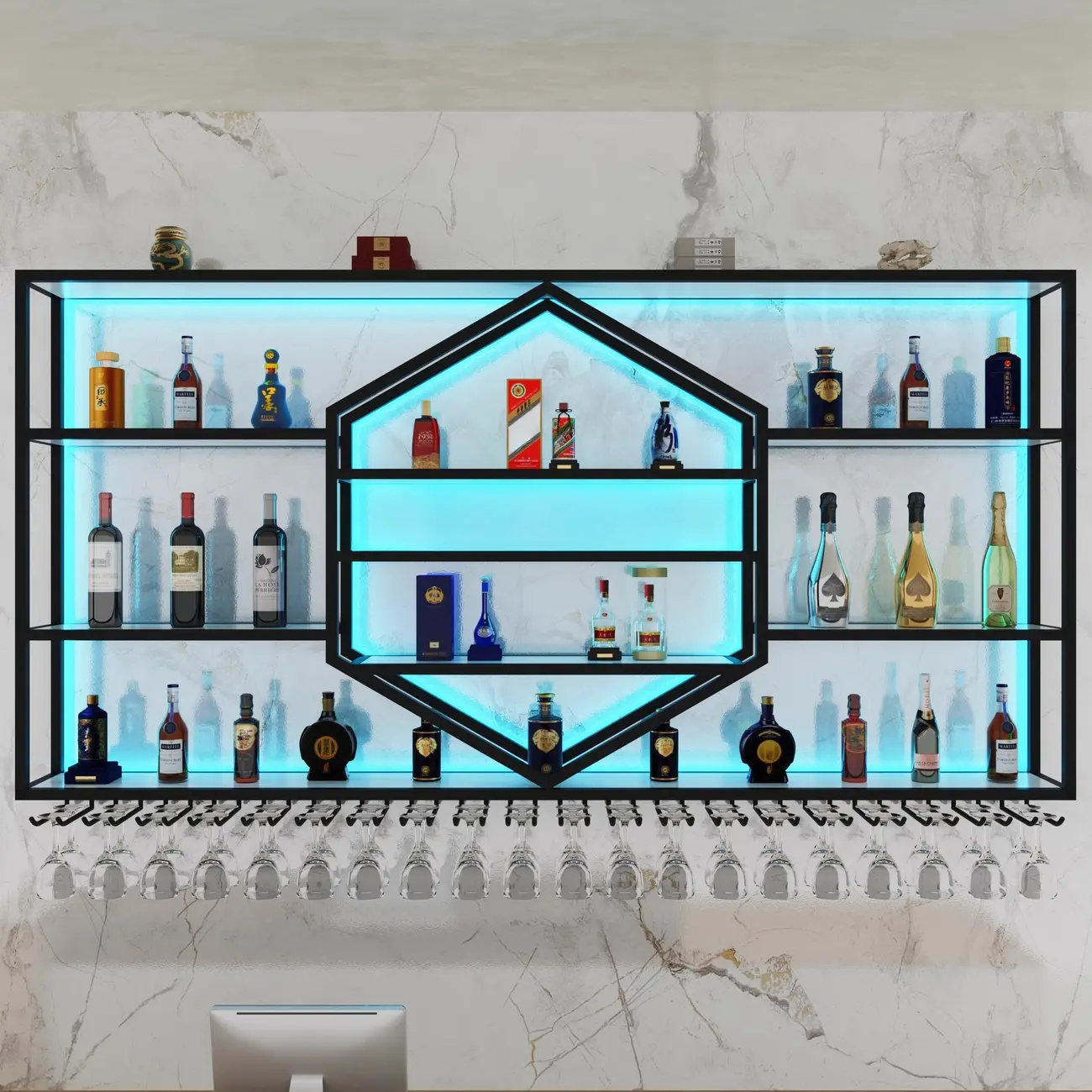 Geometric Metal Black Floating Wine Rack with Light