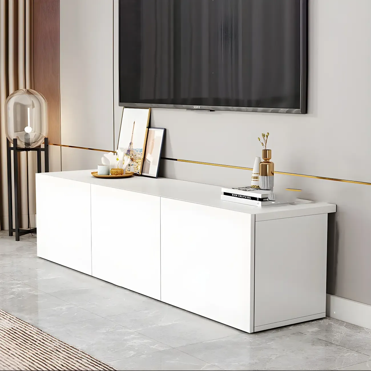 63 White Wooden Cable Management TV Stand with Drawers