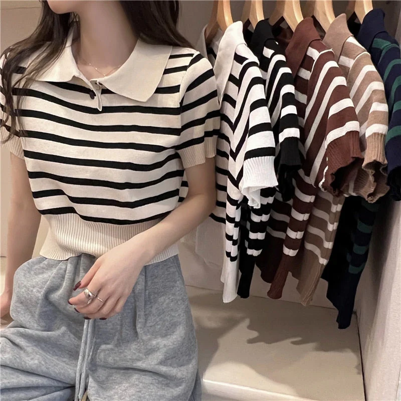 Hulianfu Summer Vintage Striped Polo Collar T Shirts Women's Knitted Short Sleeve Thin Cropped Tshirt Crop Top For Slim Girls - Deanwangkt