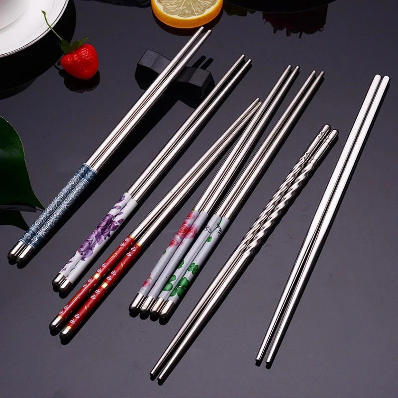 HULIANFU Stainless Steel Chopsticks Tableware Portable Reusable Blue Porcelain Patters Food Sticks Chopsticks Kitchen Dishes for Sushi - Deanwangkt