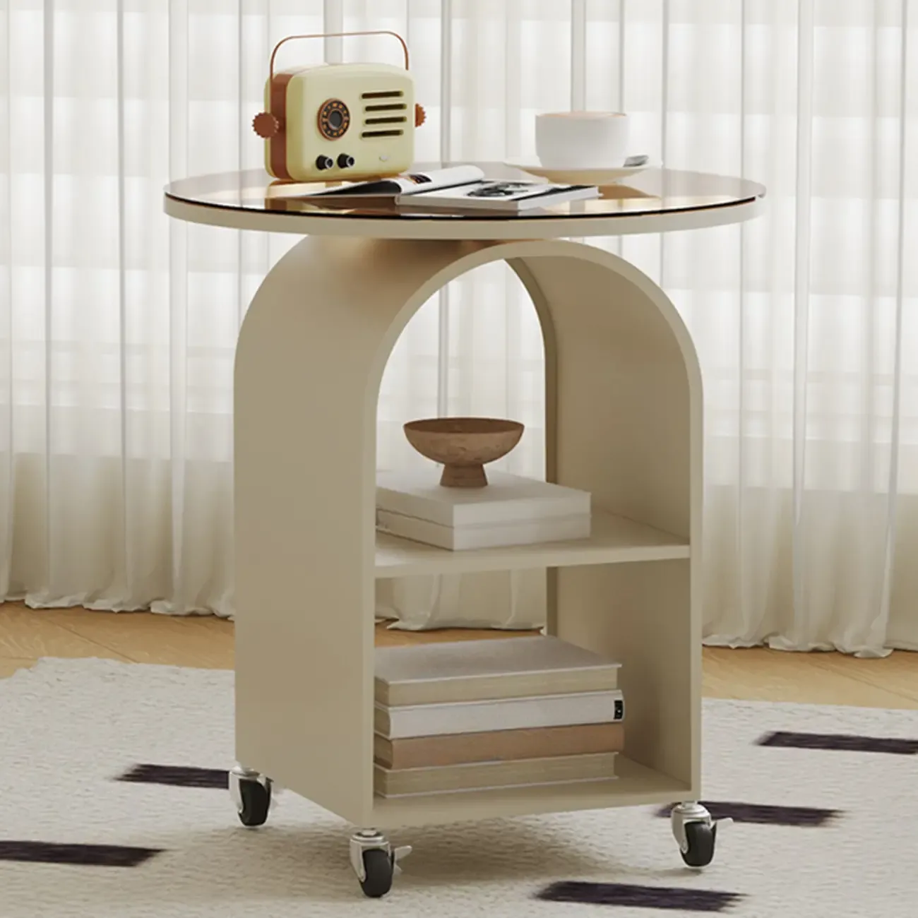 White Arch Glass Top Metal Storage Side Table with Wheels