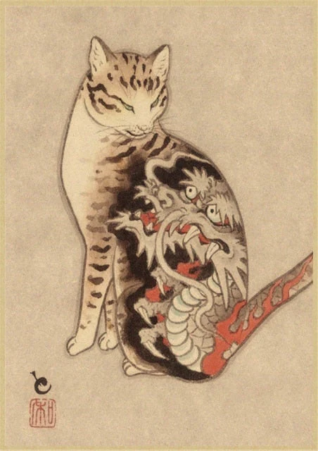 HULIANFU Japanese samurai cat tattoo cat vintage poster wall art sticker painting living room decoration bedroom print picture - Deanwangkt
