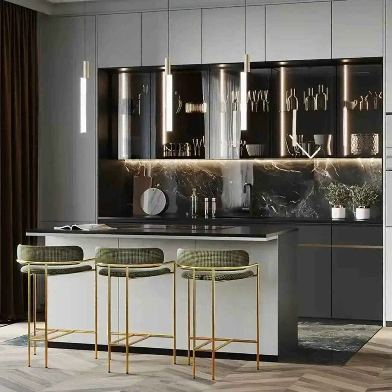 Art Deco Gold Green Cotton Upholstered Bar Stool