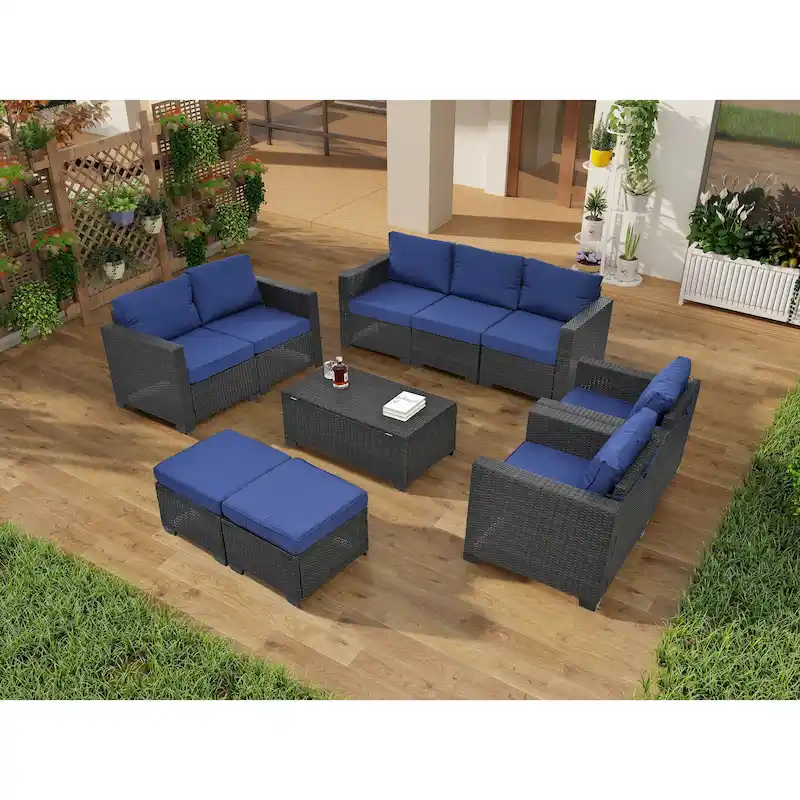 10-Piece Rattan Sectional Sofa Set with Storage Table & Waterproof Cushions
