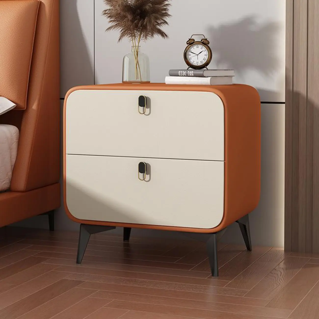 Scandinavian Leather 2 Drawers Wood Nightstand