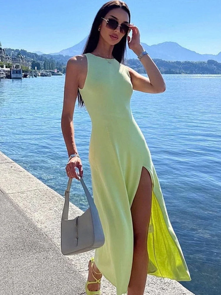 Hulianfu Knitting Split Women Dress Sexy Slim Sleeveless Hip Package Midi Dresses Female Spring Summer Fashion Solid Ladies Vestido - Deanwangkt