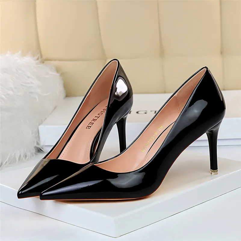 Women Patent Leather Pumps 7.5cm 10.5cm High Heels Lady Stiletto Low Heels Wedding Bridal Mteallic Silver Gold Sparkly Shoes - Deanwangkt