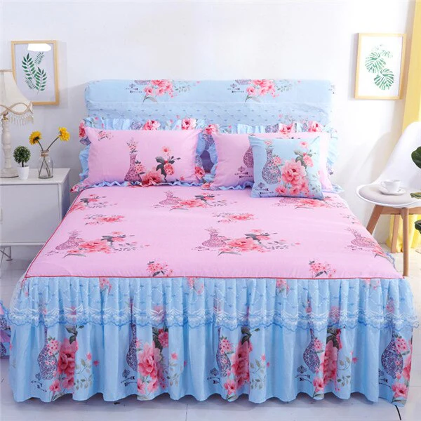 HULIANFU  3pcs set Elegant floral bed skirt skin-friendly cotton lace bedding home decor bedspreads queen pink king size bed cover - Deanwangkt