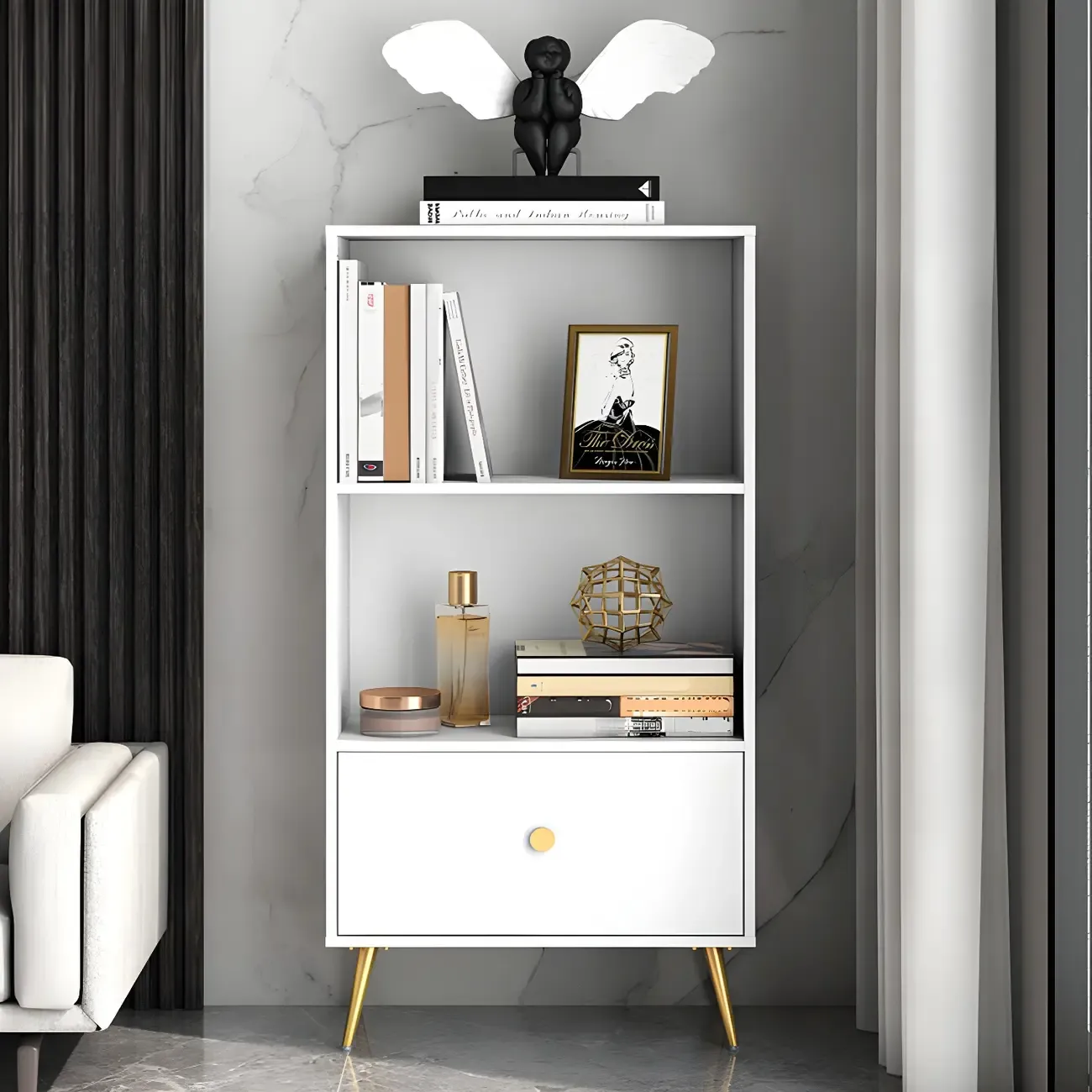 White Metal 2/3/4-Tier Open Bookcase with Drawer