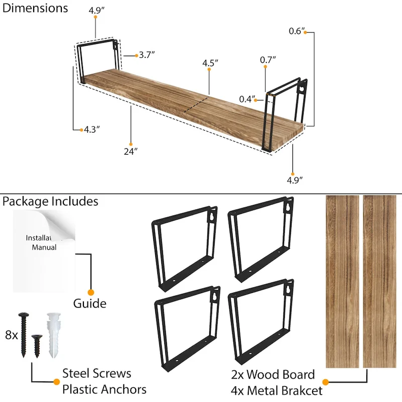 Wallniture Avila 24x4.5 Kitchen Wall Shelves, Natural Burned,Set of 4