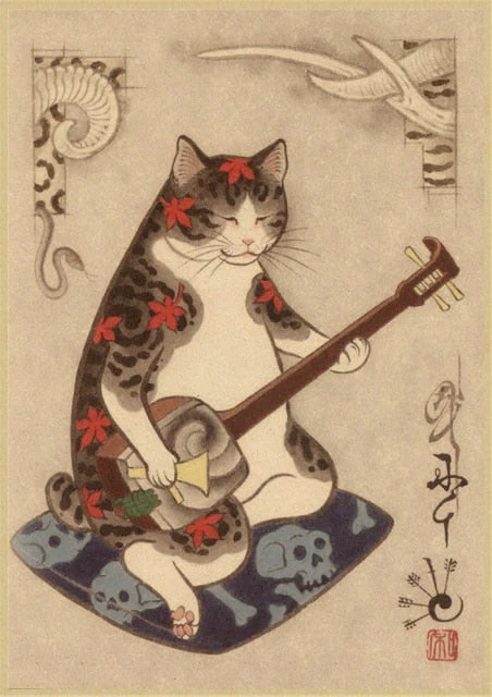 HULIANFU Japanese samurai cat tattoo cat vintage poster wall art sticker painting living room decoration bedroom print picture - Deanwangkt