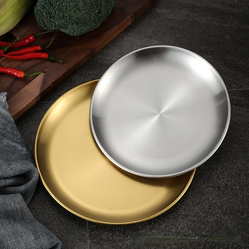 HULIANFU Korean stainless steel thickened disc Golden Cafe Tray Fruit Plate Cake Plate Bone Dish Dish Dish Shallow Plate - Deanwangkt
