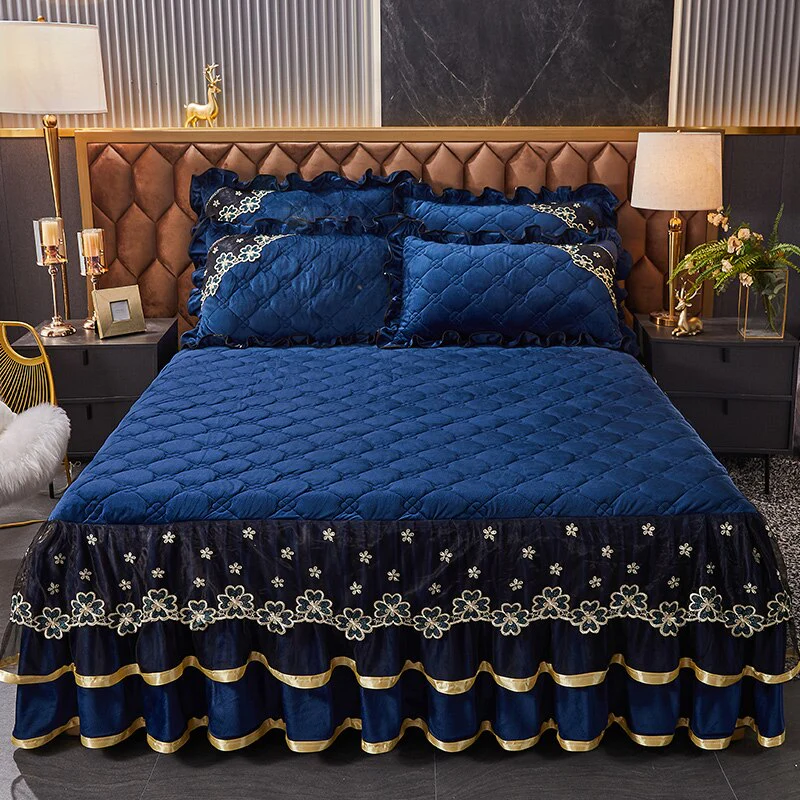 HULIANFU Luxury Super Soft Crystal Velvet Fleece Lace Ruffles Quilted Bed Skirt Mattress Cover Bedspread Pillowcase Bedding Home Textiles - Deanwangkt