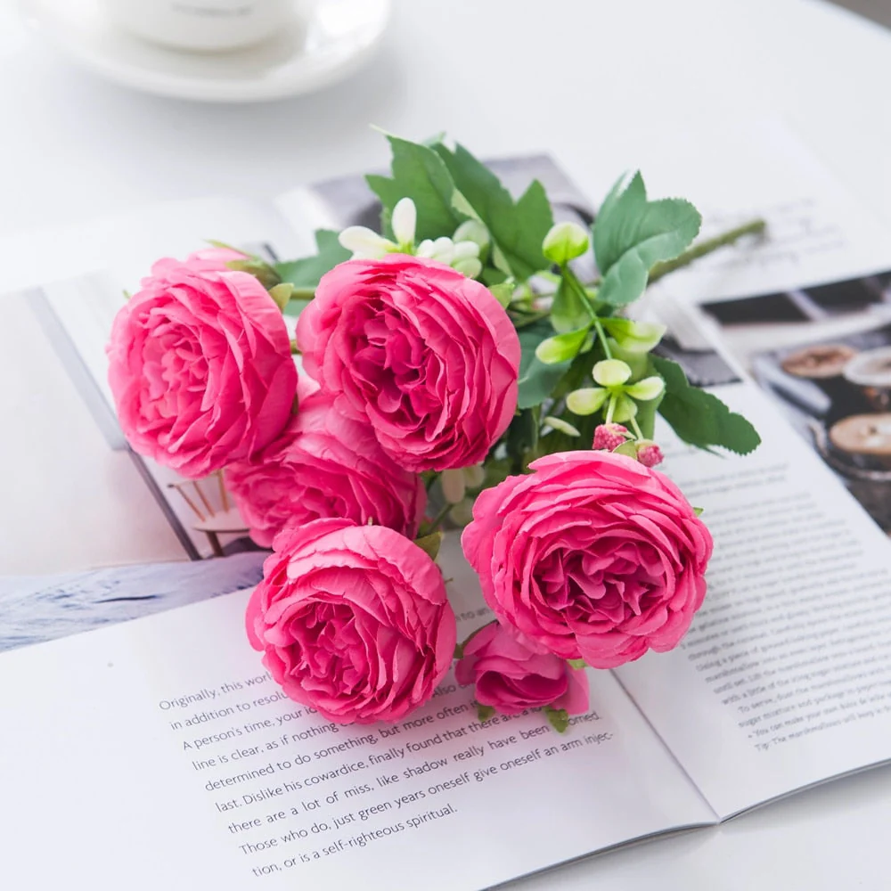 HULIANFU White Roses Artificial Flowers Silk Peonies Wedding Decorative Vases for Home Decor Bride Bouquet Foam Craft Gifts Fake Plants - Deanwangkt