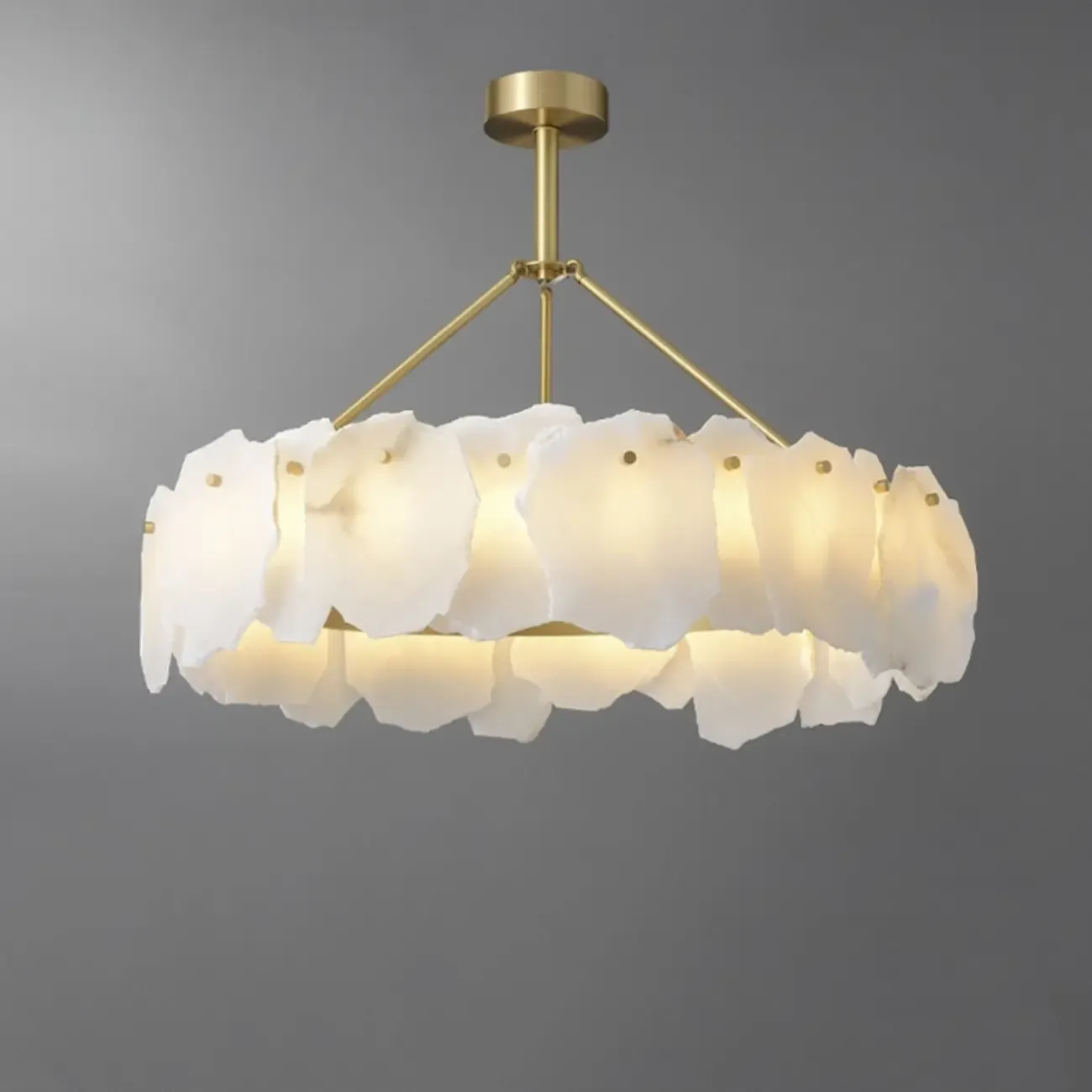 Brass Downrod Circular White Alabaster Chandelier