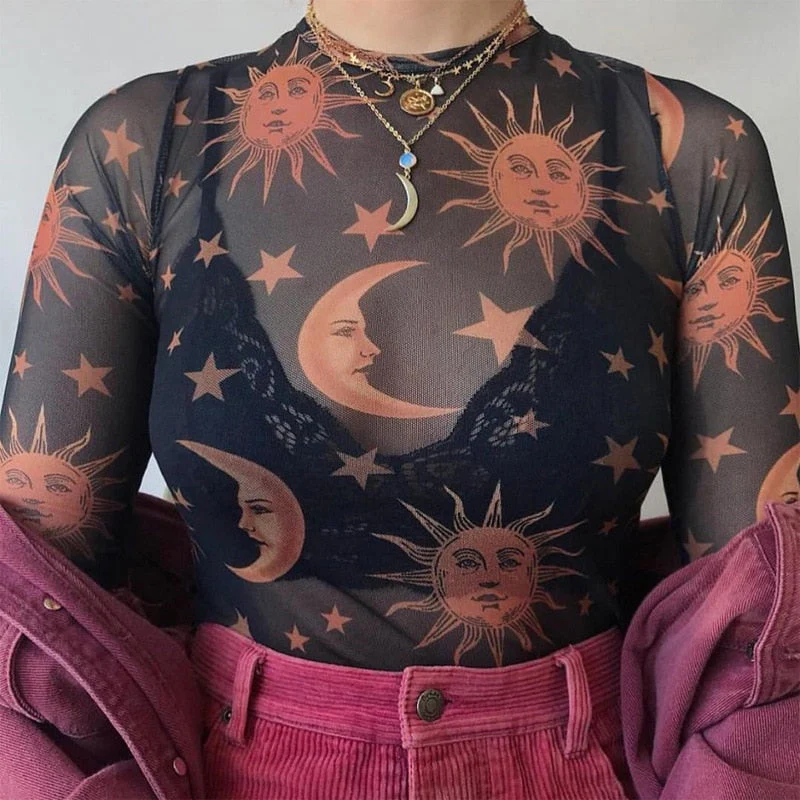 Hulianfu Sun Moon Printed Transparent Mesh Sexy T-Shirt Women O-Neck Long Sleeve Slim Basic Casual Female Tops Spring New - Deanwangkt