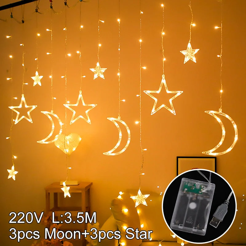HULIANFU Star Moon Led Curtain Garland String Light Eid Mubarak Ramadan Decoration Islam Muslim Party Decor Eid Al Adha Gift Eid Mubarak - Deanwangkt