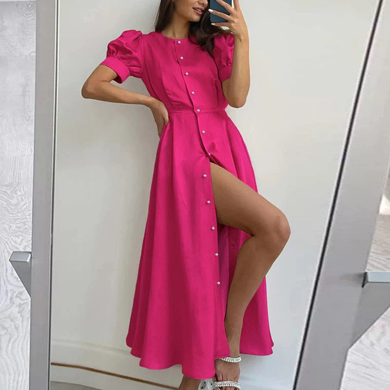 Hulianfu Women's Summer Long Dress Slit 2026  Orange Elegant Short Sleeve Maxi Dresses Office Ladies Buttons Holiday Shirt Dress For Women - Deanwangkt