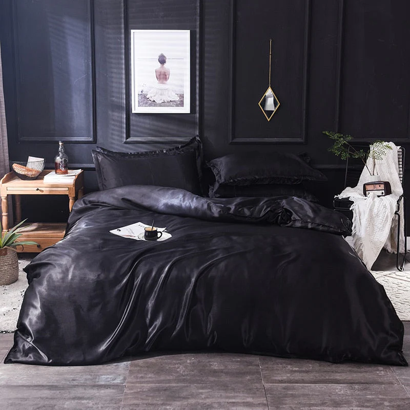 HULIANFU KOTUDENAVY Black silk duvet cover  Pillowcase 3pcs,200x200 quilt cover, bed cover queen king size bedding set,bed sheet - Deanwangkt