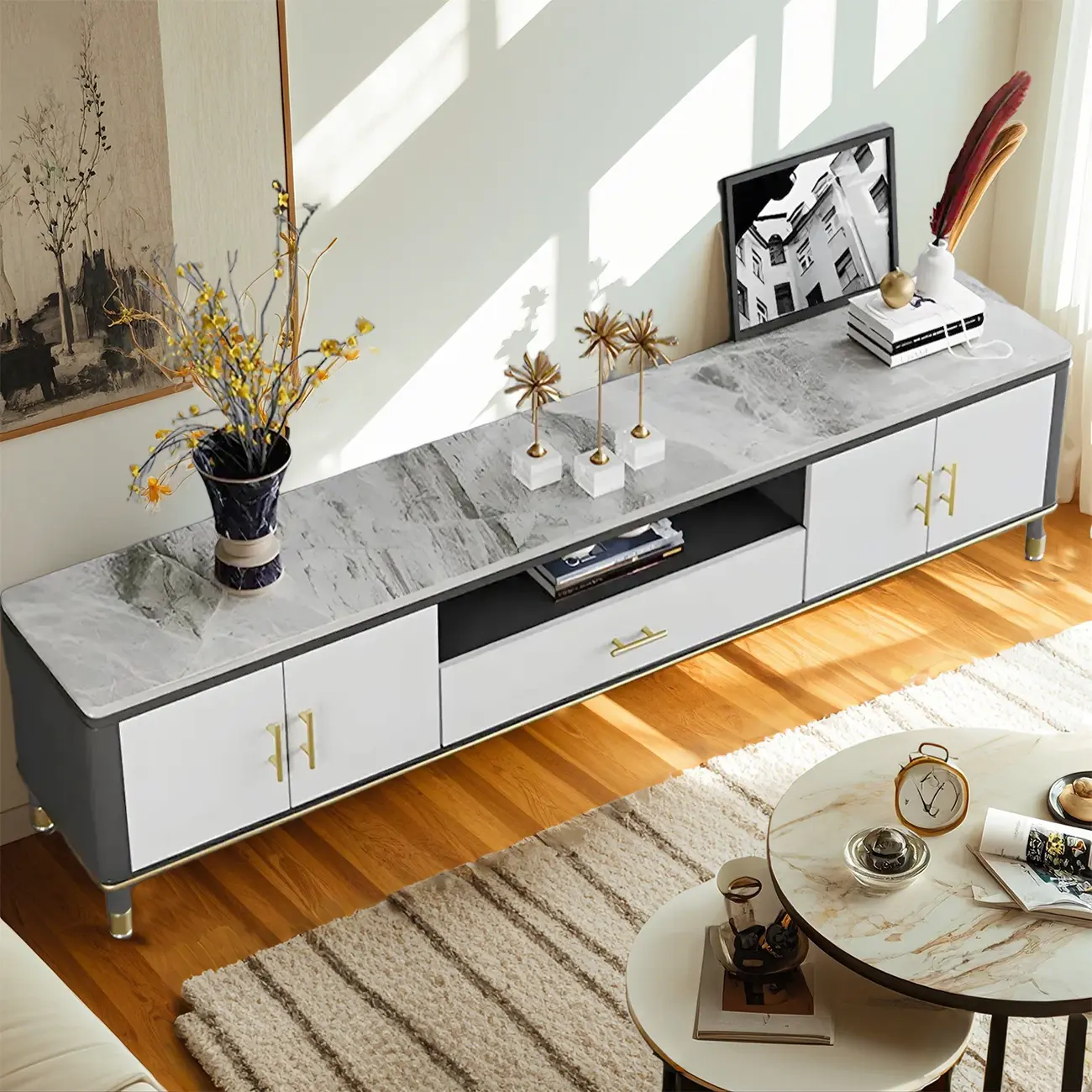 63 Contemporary Grey Stone Cabinet TV Stand with Open Shelf