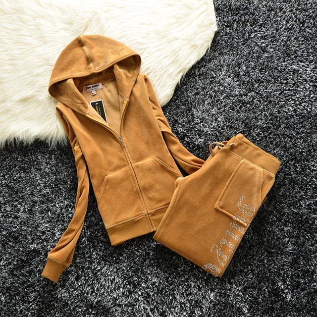 Hulianfu Spring/Fall Women's Brand Velvet Fabric Tracksuits Velour Suit Women Track Suit Hoodies And Pants fat sister sportswear - Deanwangkt