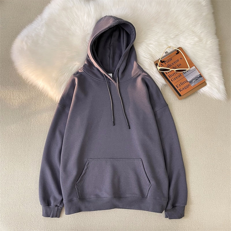 hulianfu Woman's Sweatshirts Solid Drop Shoulder Korean Female Hooded Pullovers  Thicken Warm Oversized Hoodies Women - Deanwangkt