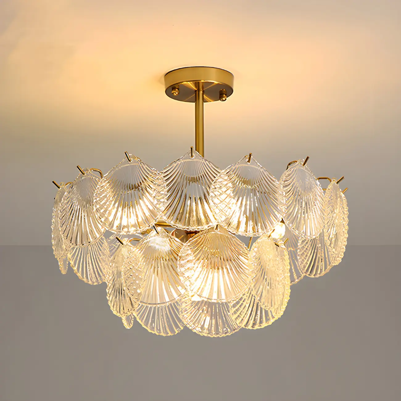 Adjustable Elegant Gold Unique Layered Scallop Glass Chandelier
