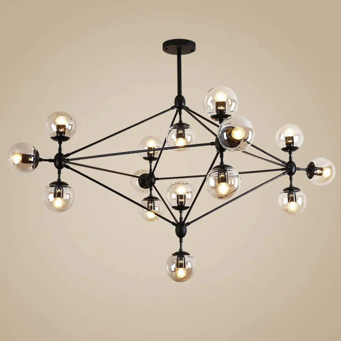Industrial Black Globe Chandelier with Cognac Glass Shades