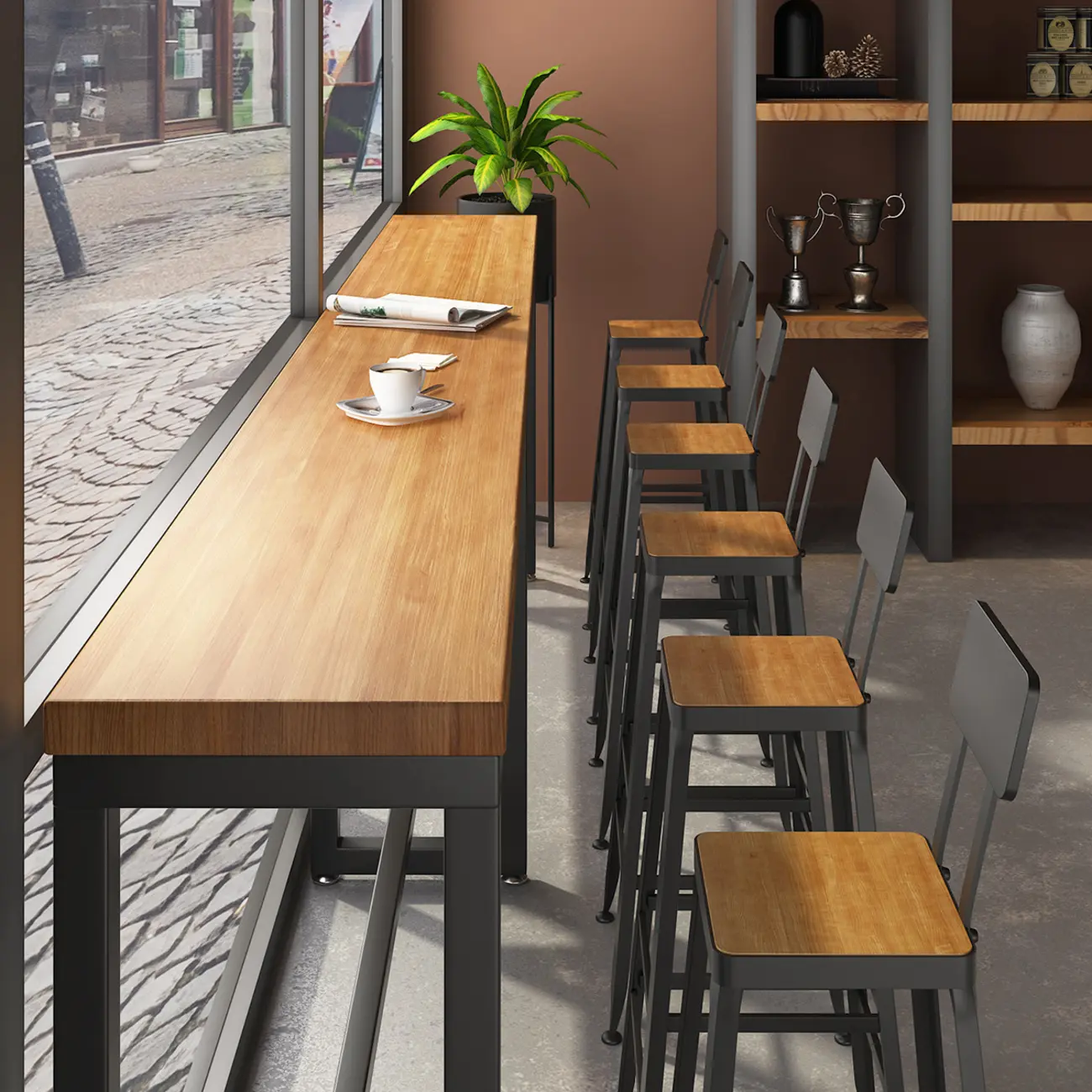 Industrial Solid Wood Bar Set with Metal Legs