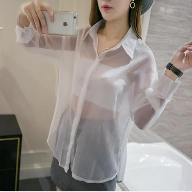 Hulianfu Spring Chiffon Transparent Shirt Women's Long Sleeve See-through Blusas Ropa De Mujer Summer Sun-proof Zipper Coats Jacket - Deanwangkt