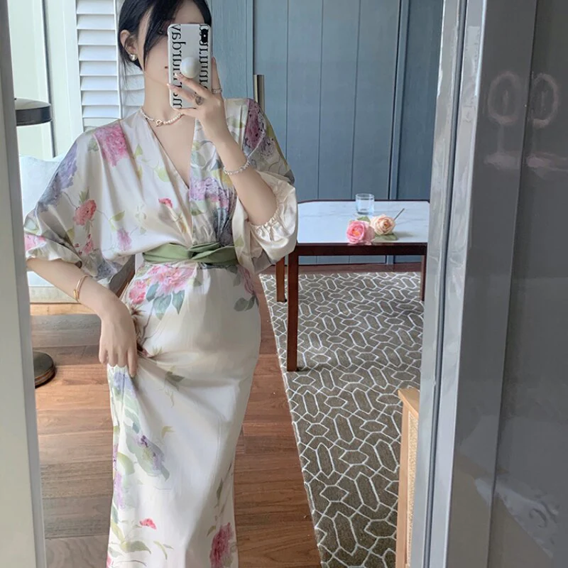 Hulianfu Printing Midi Bodycon Dress Elegant Japan Style V-Neck Long Half Batwing Sleeve Sashes Floral Maxi Dresses for Women Summer 2026 - Deanwangkt