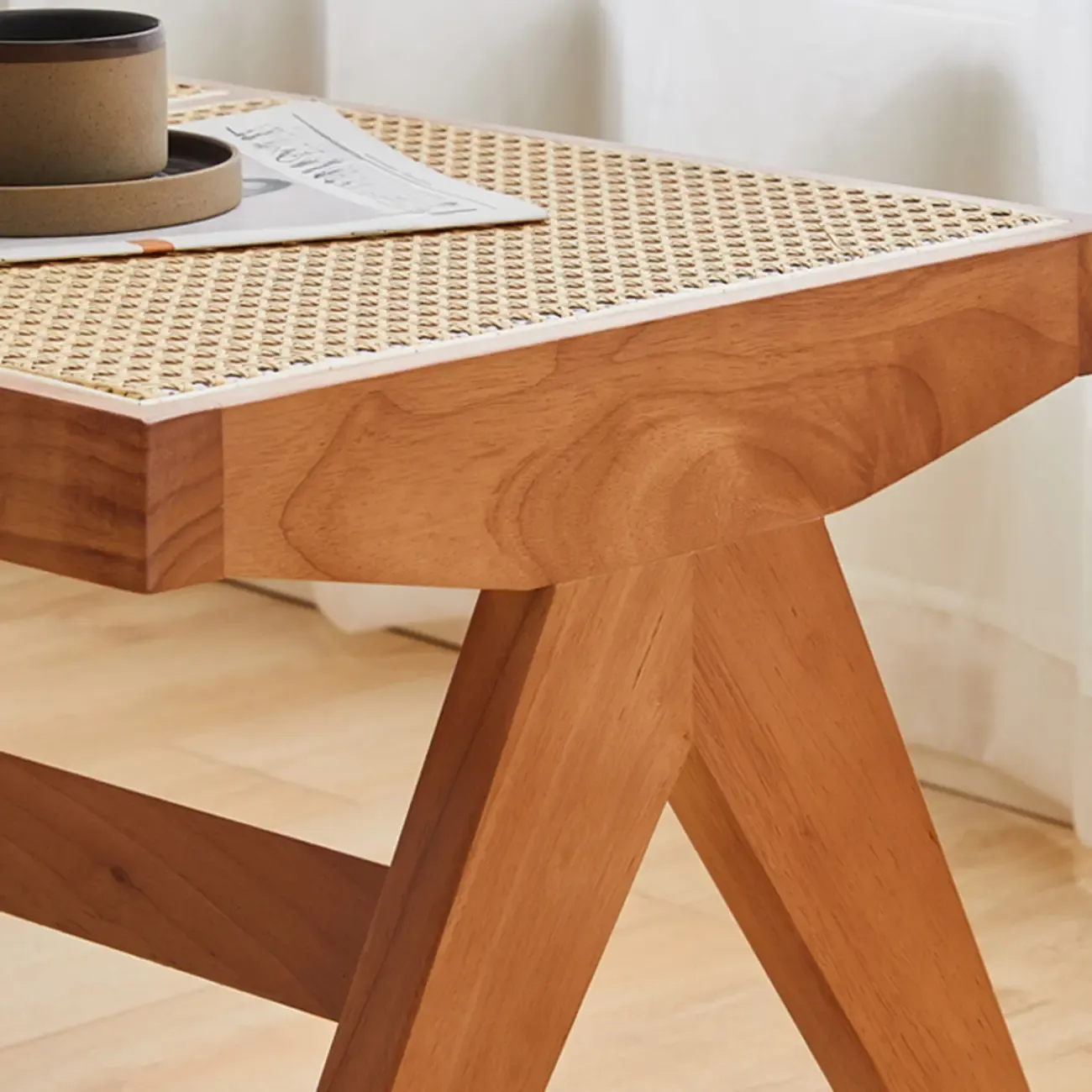 Elegant Rattan Top Finish Wooden Rectangular Cherry Benches