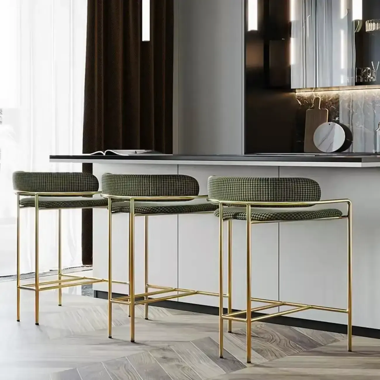 Art Deco Gold Green Cotton Upholstered Bar Stool