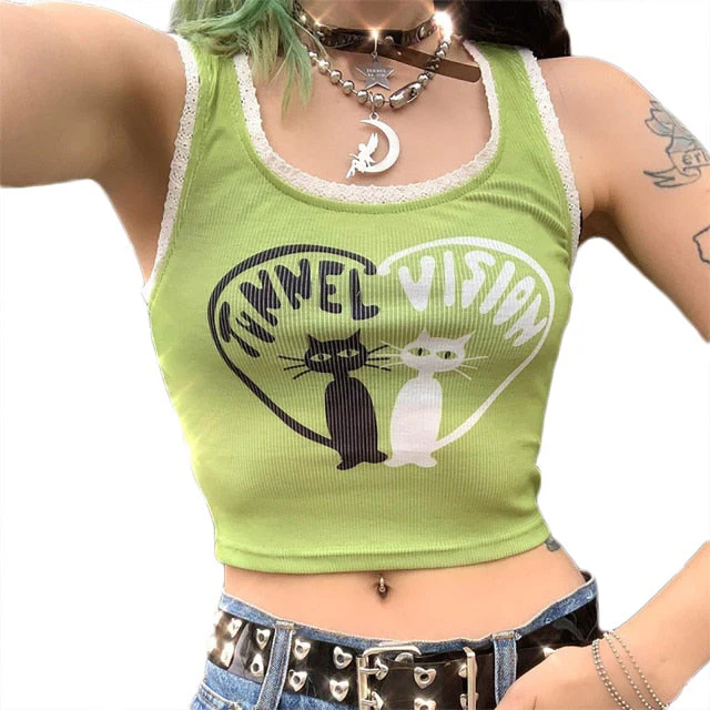 Fashion Punk Style Patchwork Tank Tops Aesthetic Letter And Graphic Print Women Crop Top Color Blocking Sleeveless Streetwear - Deanwangkt