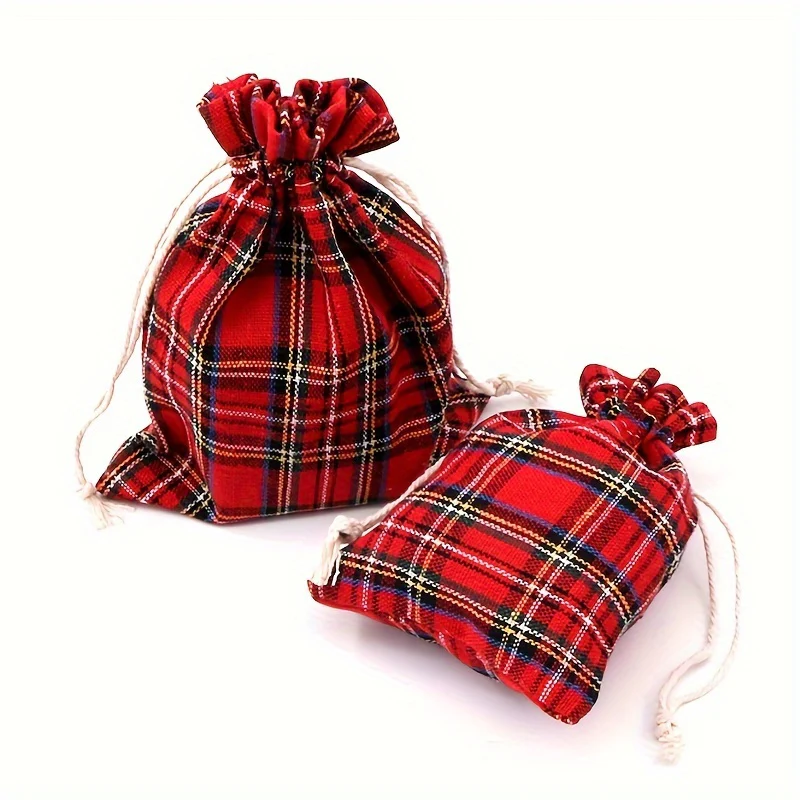 10 Pcs Festive Red Plaid Reusable Cotton Drawstring Bags - Perfect for Wedding, Birthday, Christmas, and More Decorative Occasions - Deanwangkt