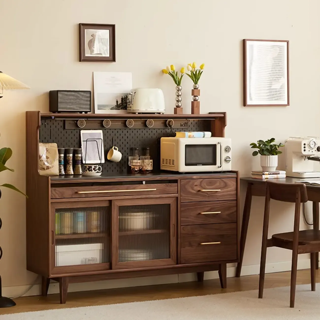 Modern Walnut Stone Countertop Buffet with Cabinets
