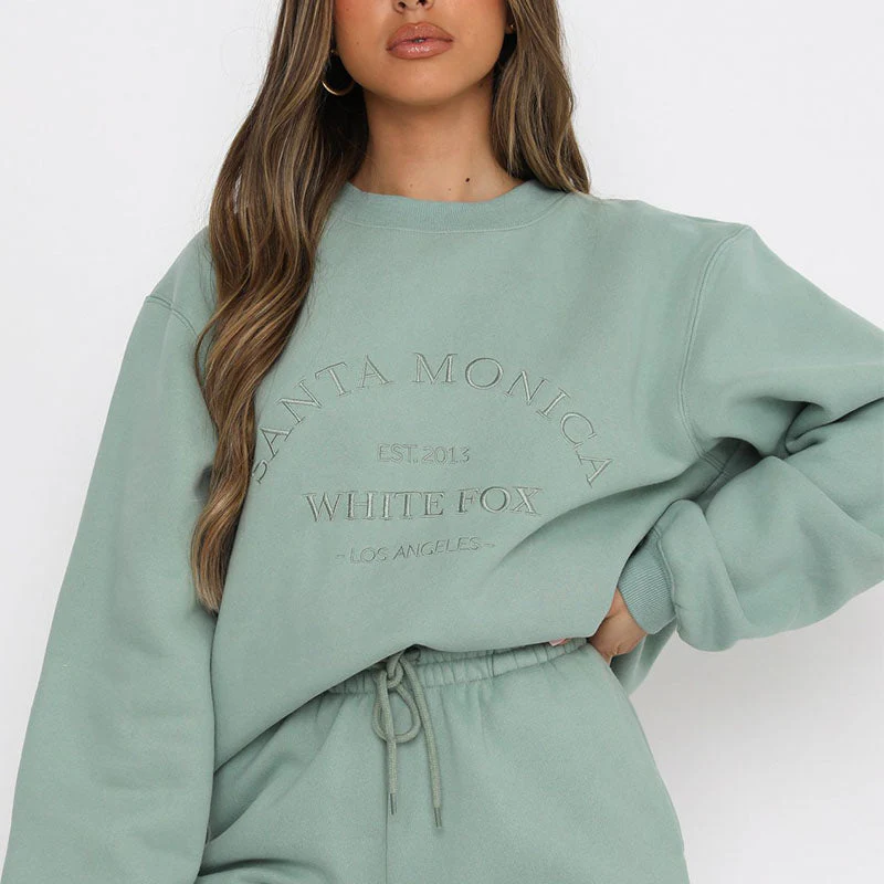 Green Vintage Letters Embroidered Crewneck Sweatshirt Women Winter Tops Oversized Girls Streetwear New Korean Fashion Pullovers - Deanwangkt