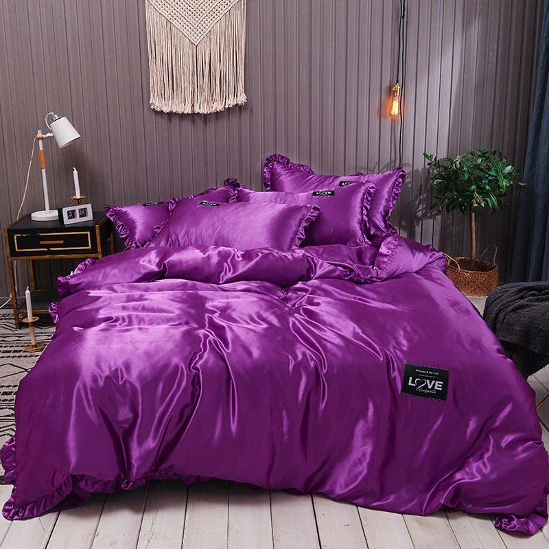 HULIANFU Pure Satin Silk Bedding Set Lace Luxury Duvet Cover Set Single Double Queen King Size 240x220 Couple Quilt Covers White Gray Red - Deanwangkt