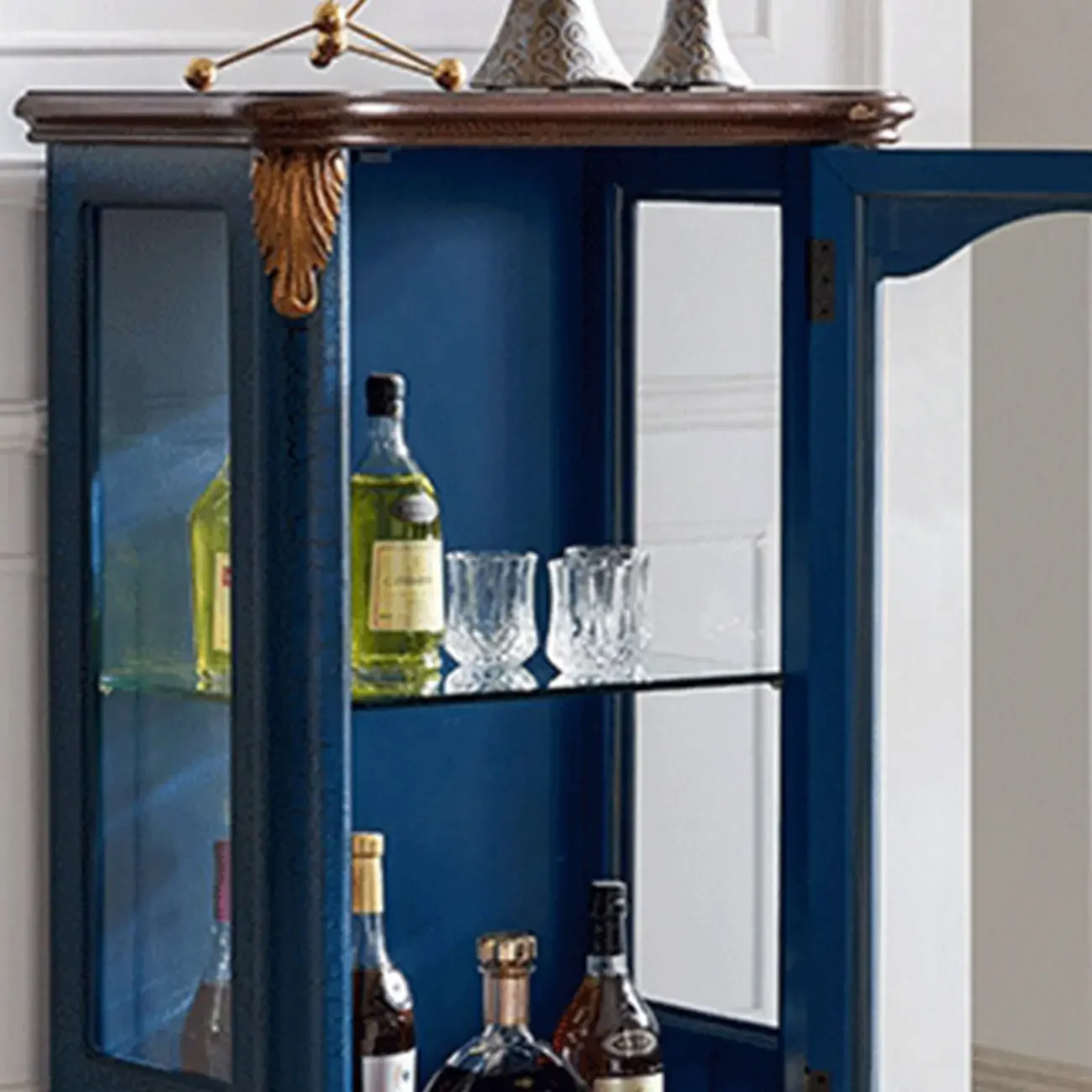 Traditional Tall Wood Blue Glass Shelf Display Cabinet