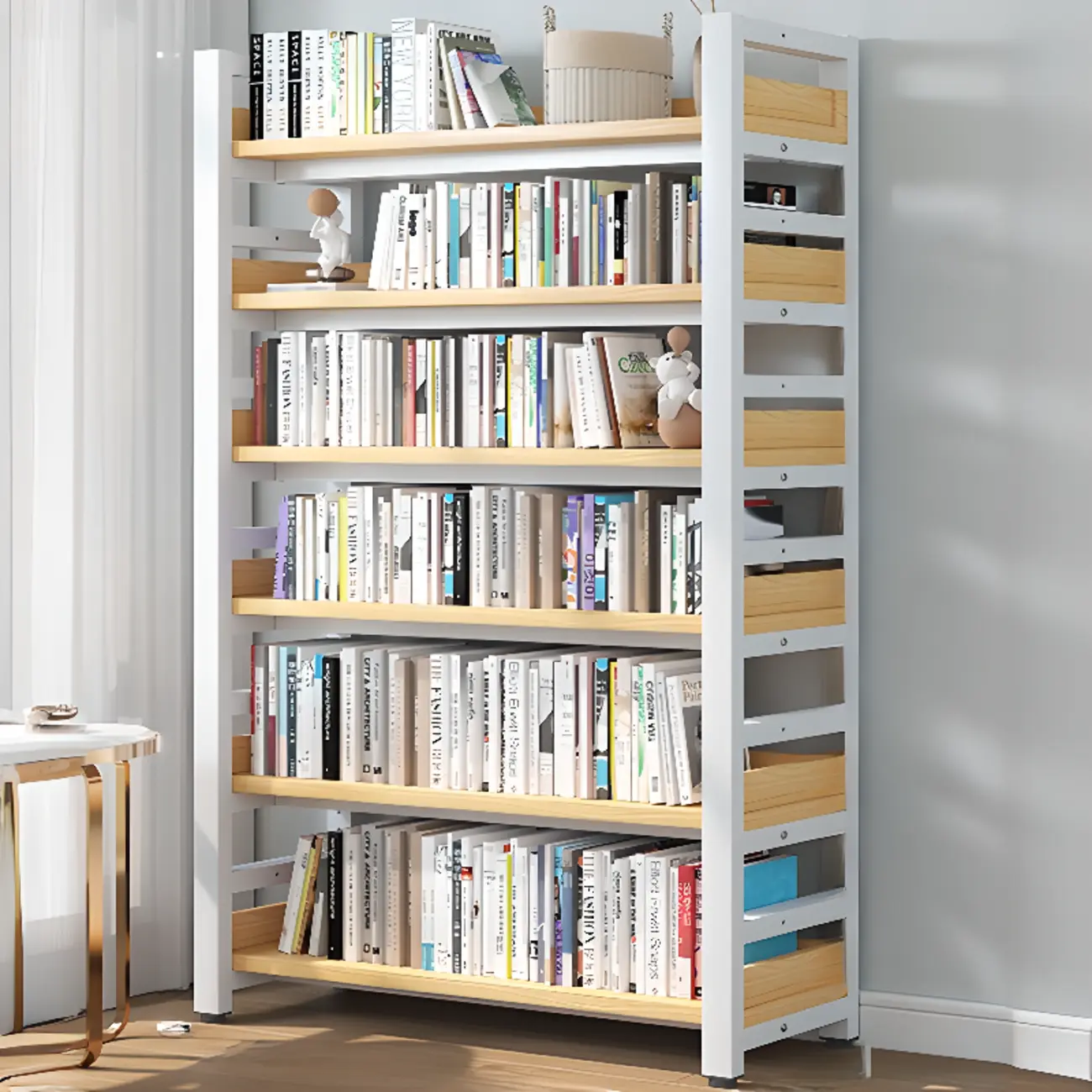 Freestanding Simple Multi-Layer Wood Bookshelf in Steel Frame