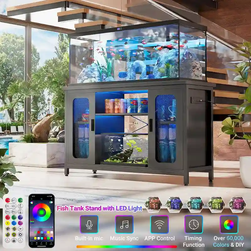 Reptile Tank Stand Fish Tank Stand with Power Outlets & LED Light