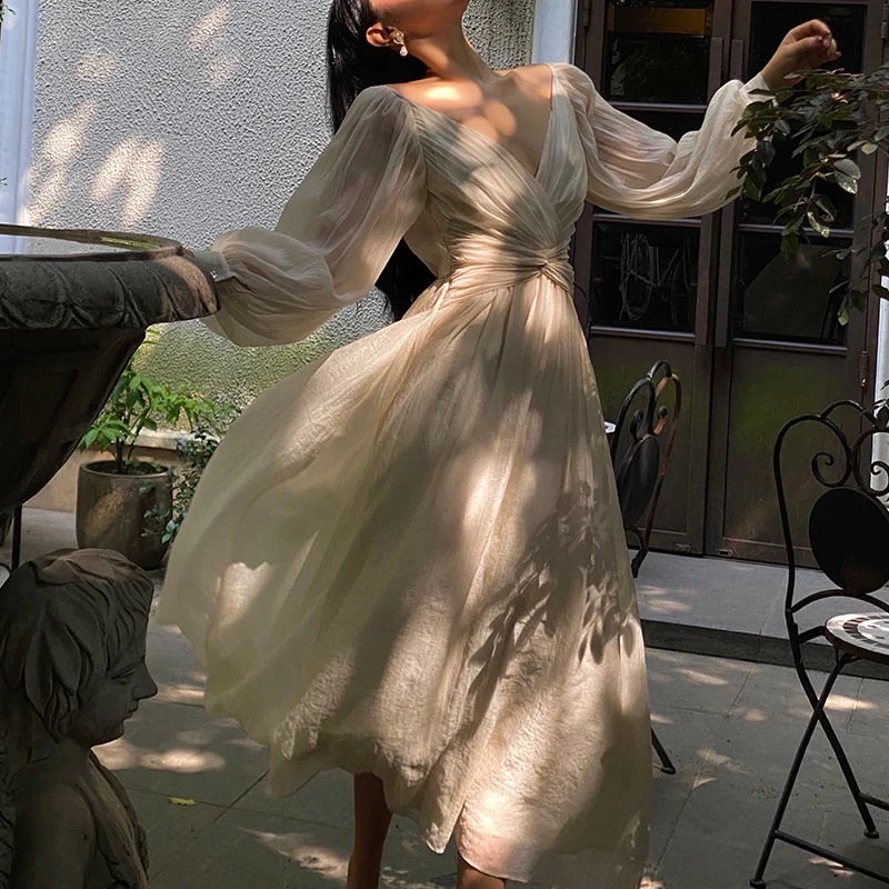 Hulianfu Vintage Korean V-neck Pleated Maxi Dresses for Women Ladies Party Fringed Lace Puff Sleeve Ruffled Lady Dreses Elegant Summer - Deanwangkt