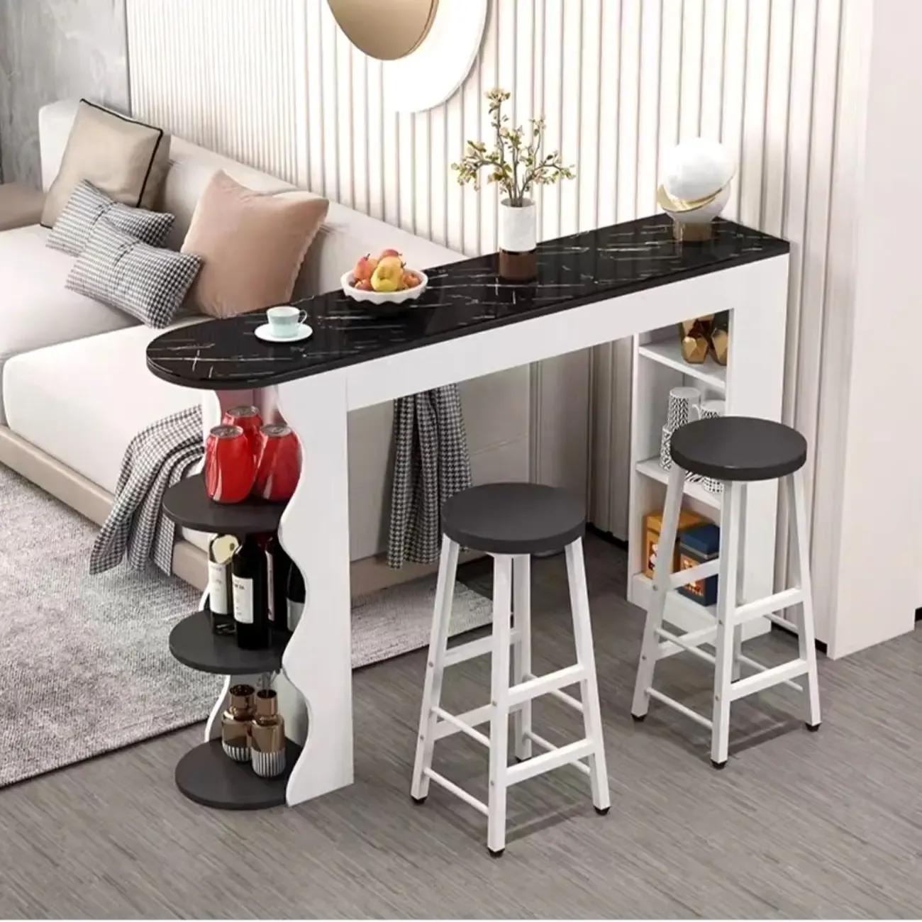 Modern Black-White Wooden Asymmetrical Shelves Bar Tables
