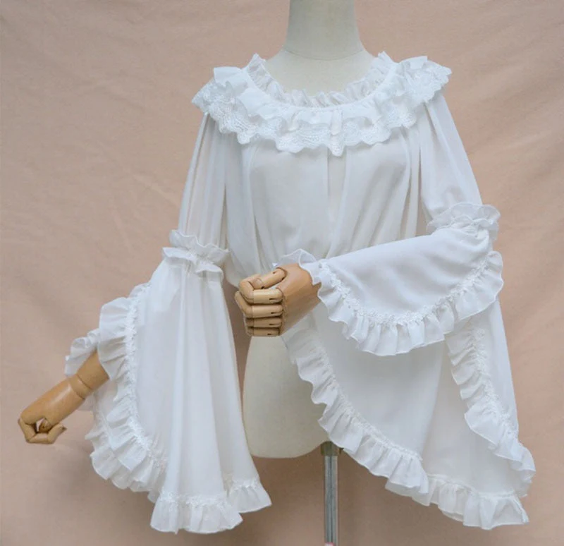 Ladies Sweet Lolita Lace Blouse Neverland Chiffon Loose Layered Crop Tops Victoria Costume Long Bell Sleeves For Women Oversize - Deanwangkt