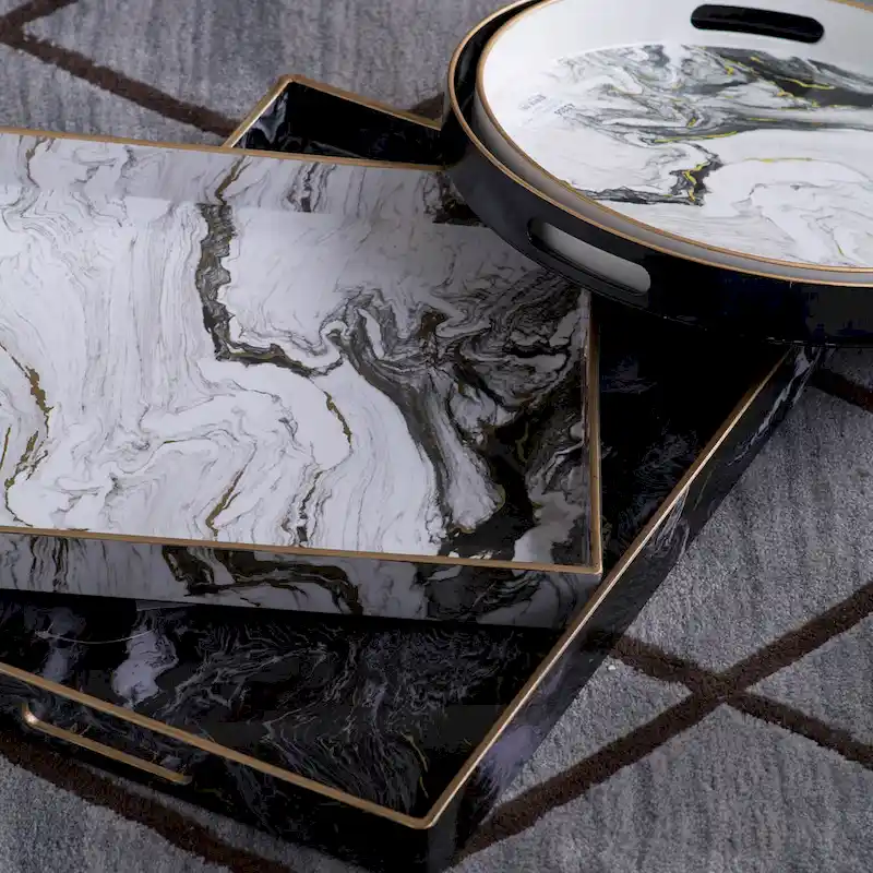 A&B Home Quinn Black and White Marble Rectangular Trays
