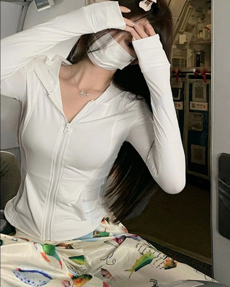 Hulianfu Sun-proof Jackets Women Cropped Slim Hooded Thin Summer Sporty Tender Sexy Basic Fashion All-match Casual New Arrival Ins Mujer - Deanwangkt