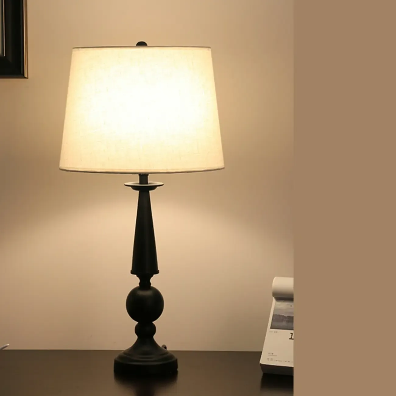 Geometric Black Table Lamp with Fabric Shade for Bedroom