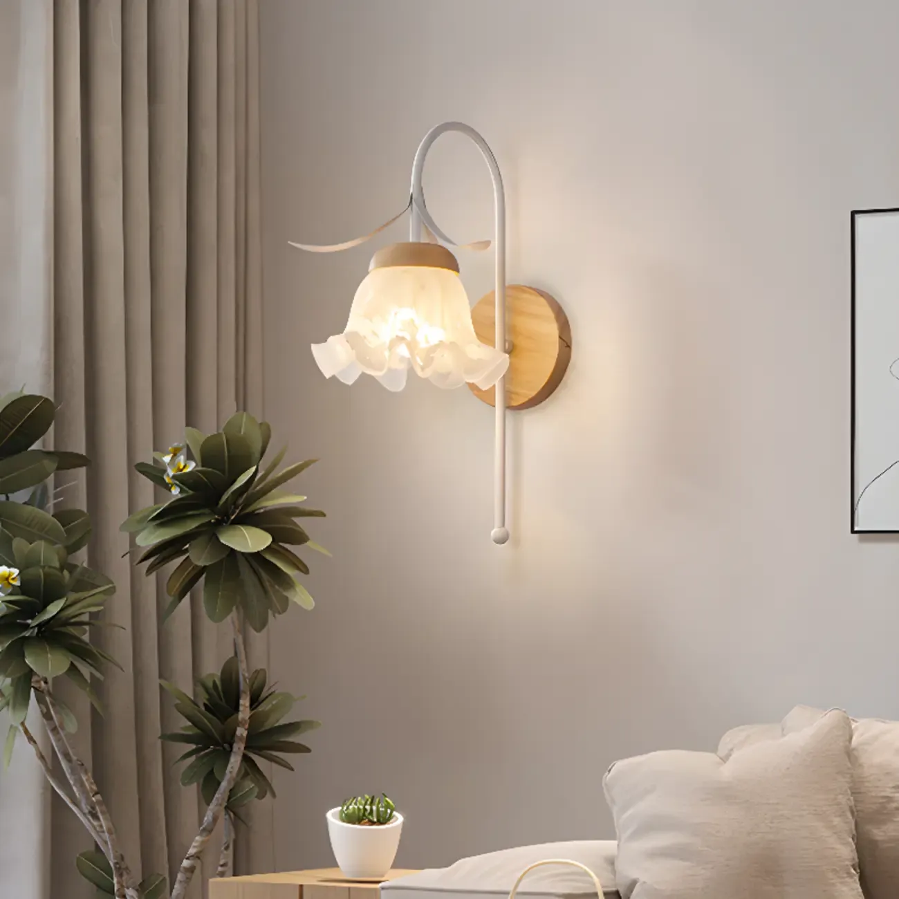 Elegant Floral Wall Sconce with Wooden Backplate for Bedside