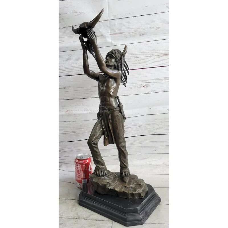 Native American Indian Shaman Medicine Man Holding Bison Skull Bronze Statue Sculpture 23 Inches X 11 Inches